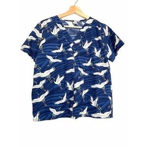 Millennium Scrubs Womens Scrub Top Blue White Storks Short Sleeve Cotton USA S